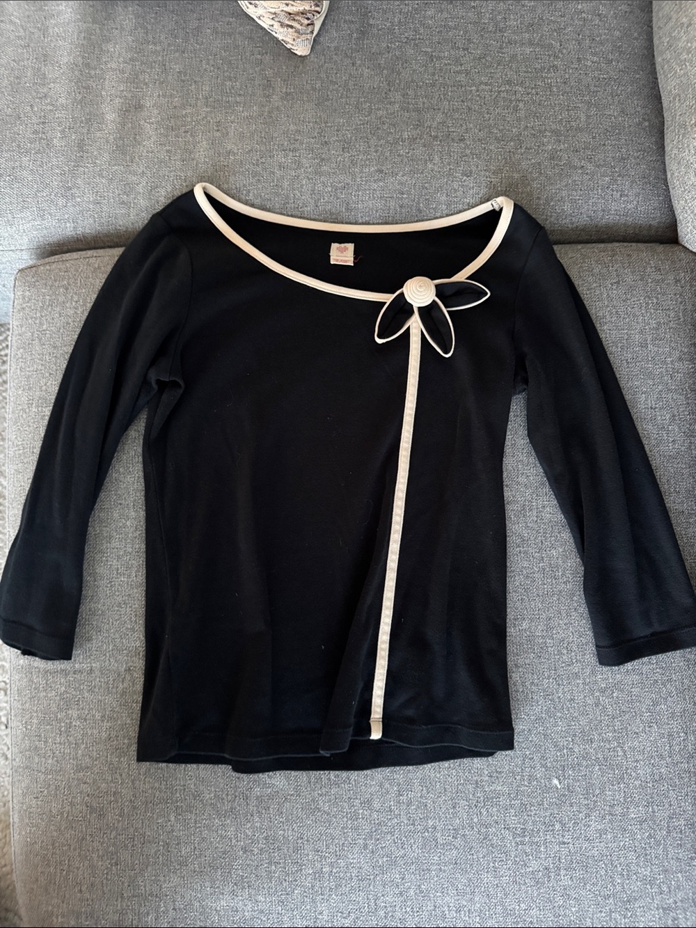 Anthropologie Black and Cream Contrast Trim Women's Top with Decorative Flower